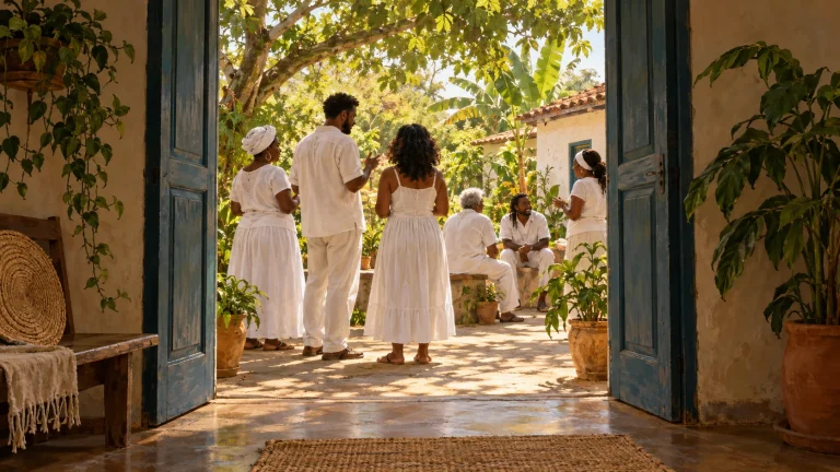 Ilustração de uma porta aberta para um pátio arborizado, onde pessoas vestidas de branco convivem.