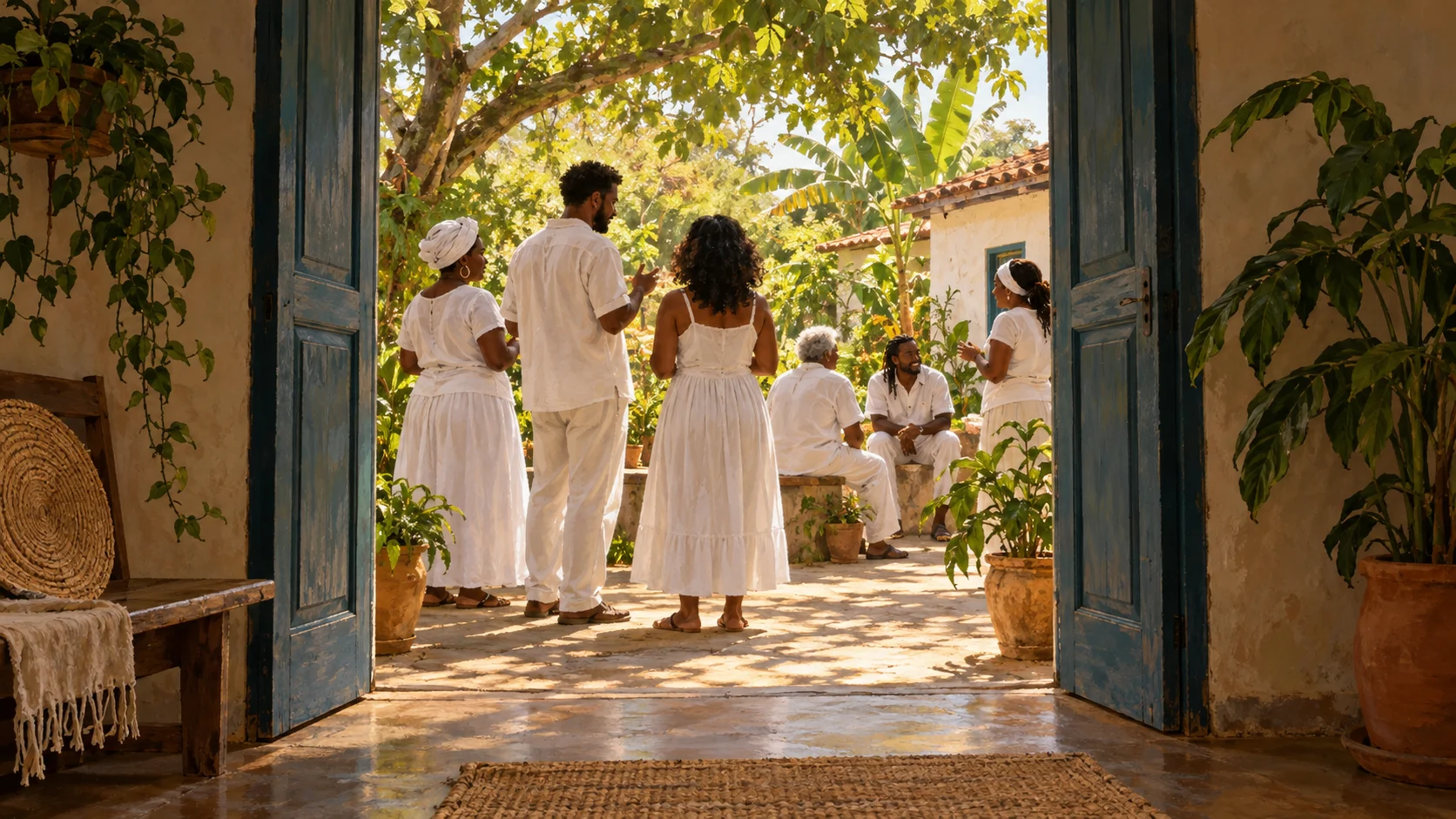 Ilustração de uma porta aberta para um pátio arborizado, onde pessoas vestidas de branco convivem.